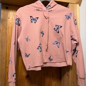 Pink Butterfly Print Women's Hoodie Sweater
